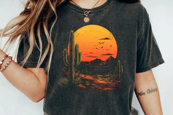 Vintage Desert Sunset Cactus Mountain Retro Graphic